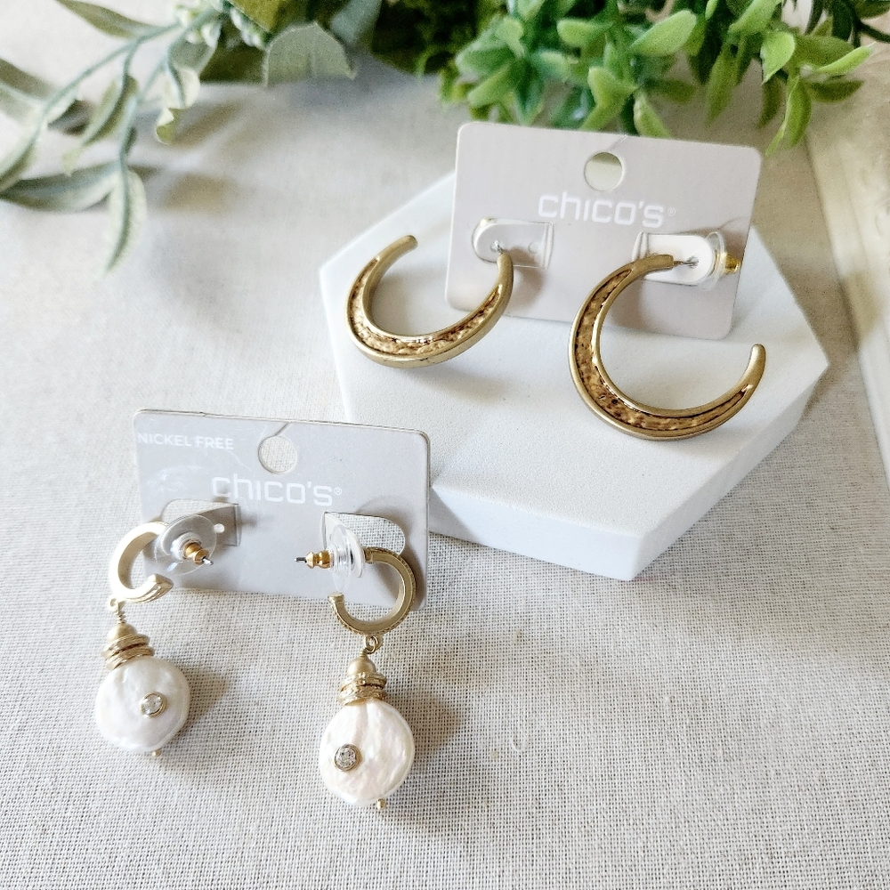 Chicos earrings - 2 pairs NWT set of goldtone pierced hoops and dangle pearl